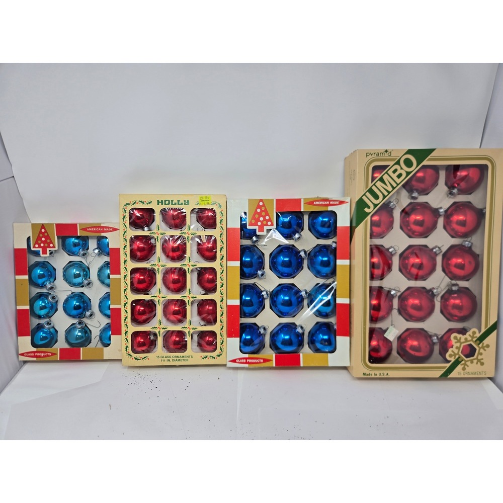 Vintage Glass Christmas Ornaments Lot Red Blue Holly Pyramid Made in USA 54pc